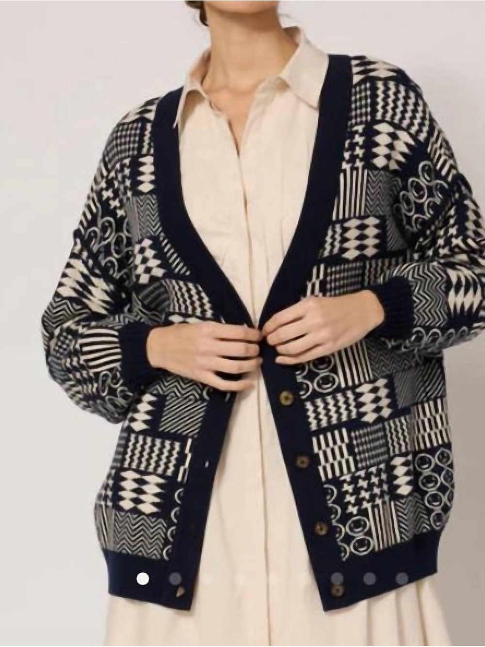 Cleobella Feliz Cardigan Navy Cream Patchwork Oversized Boho Organic Cotton S